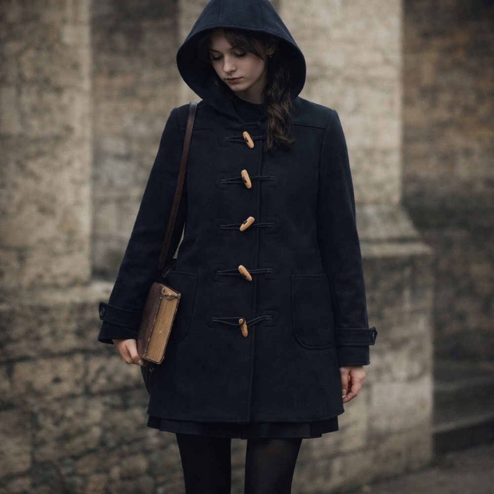 J.Crew Black Wool Blend Hooded Duffle Coat PM Petite Medium Classic Toggle Coat